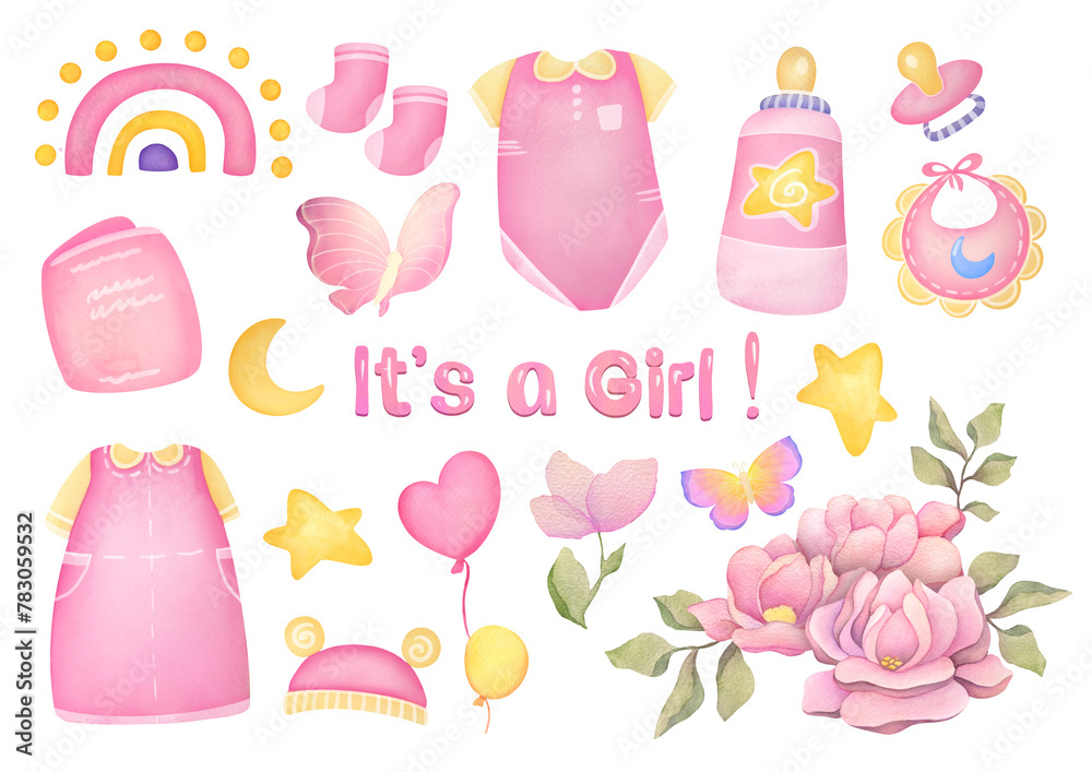 it is a girl text and cute baby goods. watercolor pink illustrations set with flowers, rainbow, kids clothes, milk bottle. baby shower and gender reveal party cards. clip art and cut out it is a girl text and cute baby goods. watercolor pink illustrations set with flowers, rainbow, kids clothes, milk bottle. baby shower and gender reveal party cards. clip art and cut out