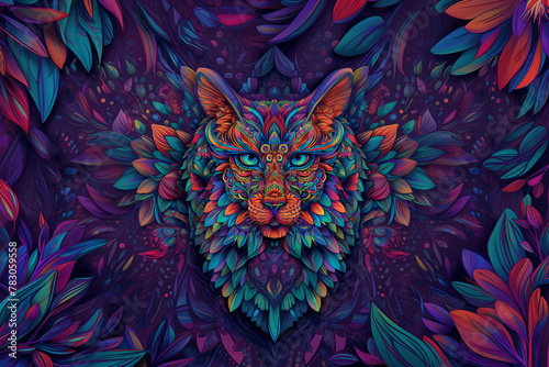 Vibrant Lynx Portrait in a Psychedelic Floral Abyss photo