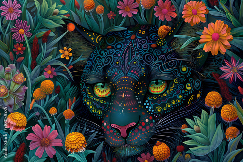 Enchanted Panther Amidst a Psychedelic Garden
