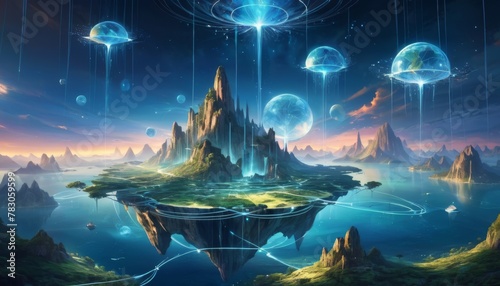 An awe-inspiring artwork of a floating landscape with otherworldly structures under a celestial sky filled with jellyfish-like organisms.. AI Generation © Anastasiia