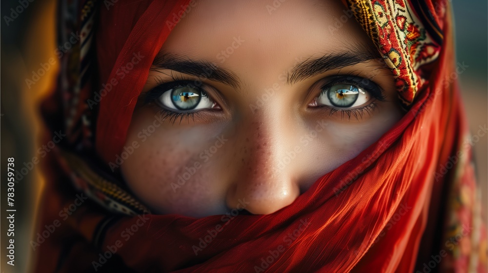 Beautiful woman in fashionable headscarf and makeup, with captivating dark eyes, exuding charm and elegance in red and black attire, showcasing Arabian allure