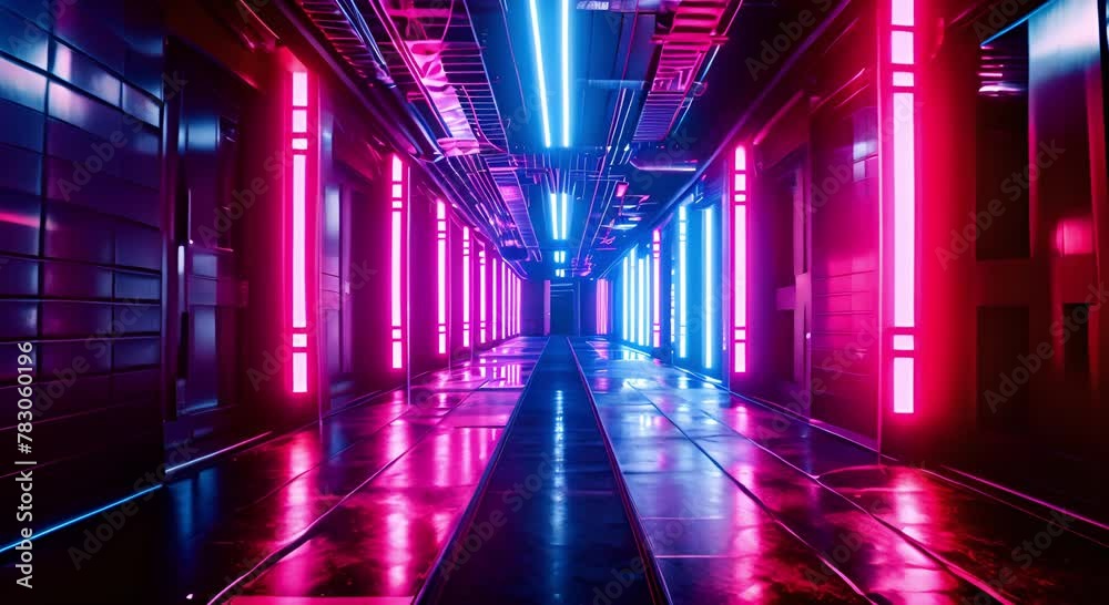 Abstract background with glowing neon lines in blue and ultraviolet colors. Synth wave retro futuristic virtual room	