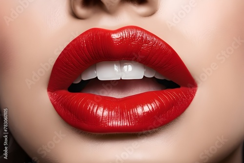 Close-up of vibrant red lips with a glossy finish, reflecting light. Perfect for beauty, makeup, and fashion concepts. generative ai