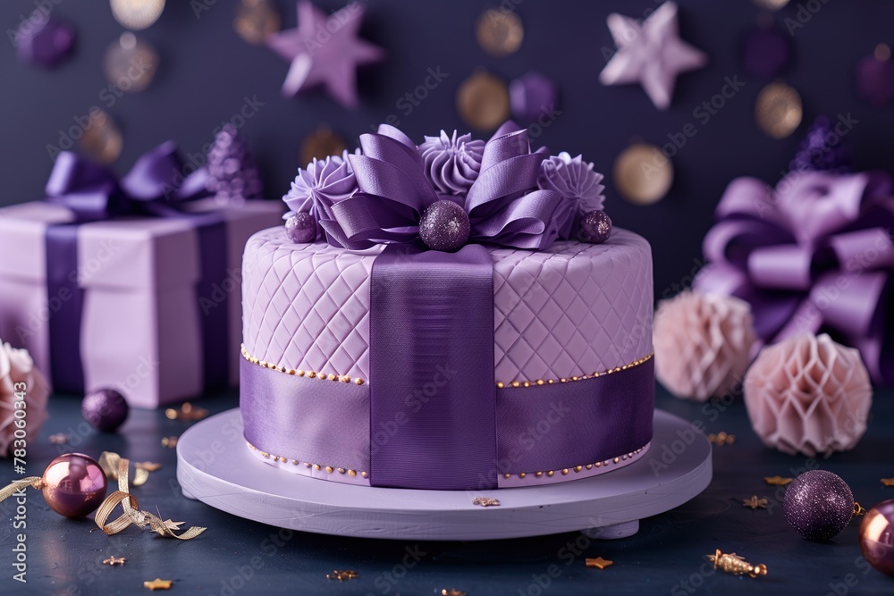 Elegant Light Purple Wedding Cake with Ribbons and Decorations Elegant Light Purple Wedding Cake with Ribbons and Decorations