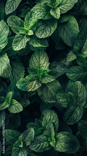 Lush peppermint leaves flourishing in natural light, a close-up view showcasing the vibrant green hues and intricate vein patterns, exuding freshness and herbal aroma for culinary and medicinal use. 