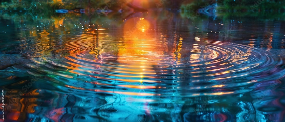 Sunset reflecting in river, close up, vivid colors, detailed ripples