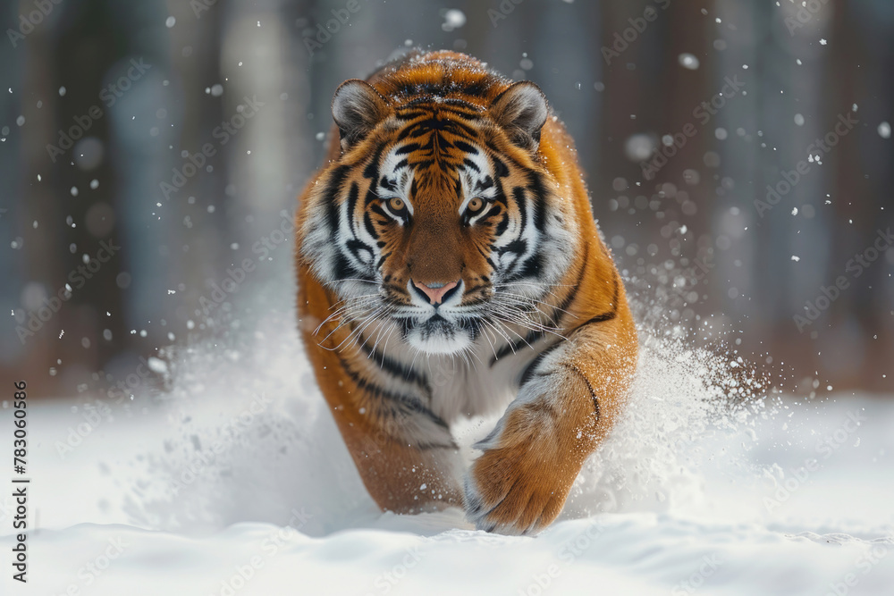 A Siberian tiger in motion, with a blurred background in the snowy taiga