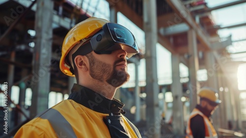  Drone engineers working with futuristic glasses on construction site - Aerial engineering and innovative technology concept