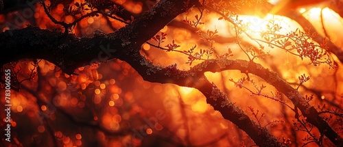Sunset through tree branches  close up  warm hues  detailed shadows