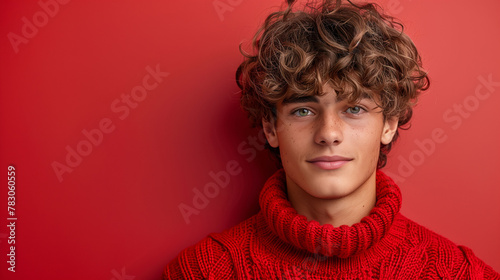 Portrait of a young male with curly hair wearing a red turtleneck sweater, isolated on a red background with a confident, approachable expression.