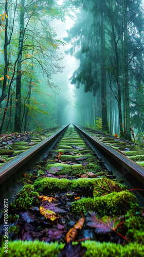 Abandoned railway tracks in forest, covered with leaves and moss. Mystical landscape. Adventure travel. Generative AI © AngrySun