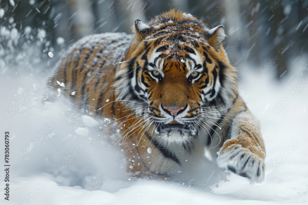 A Siberian tiger in motion, with a blurred background in the snowy taiga