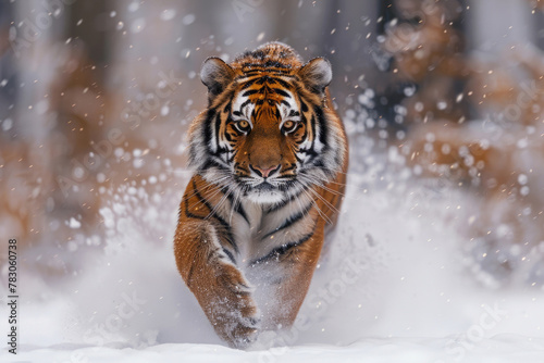 A Siberian tiger in motion  with a blurred background in the snowy taiga