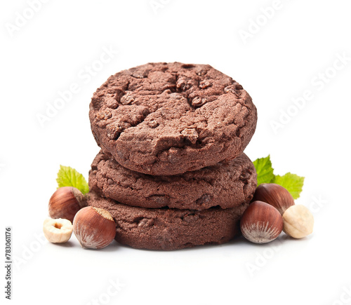 Chocolate chip cookies with filbert nuts paste on white backgrounds