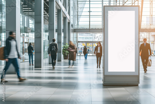 A blank white vertical billboard is located in the center of a shopping mall, surrounded by people walking and holding shopping bags. Concept of activism in modern urban spaces. Copy space. Banner