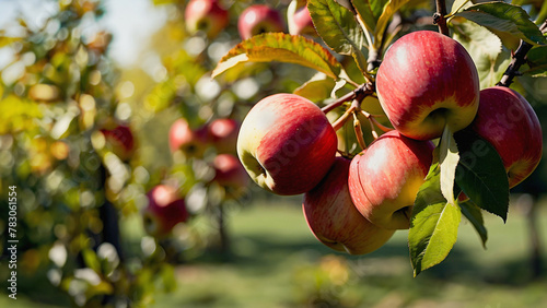 Bunch of red ripe apples on apple plantation ready for harvesting and export. Ripe apples hanging from branch