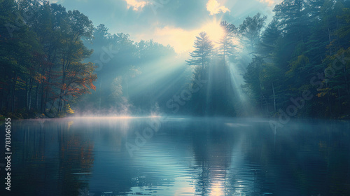 A serene lake enveloped in a veil of morning fog  creating an air of tranquility and mystery