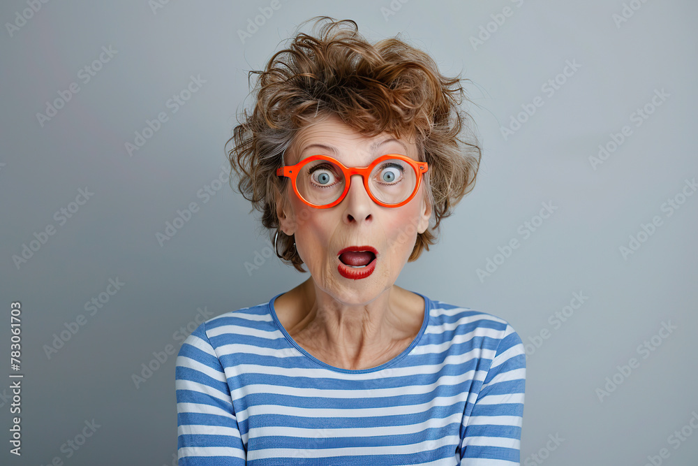 Joyful, very surprised 70 year old American woman with big amazed eyes and surprised mouth, with intense makeup, red lips, hair styling and red glasses. Live emotions. Idea for advertising. Banner