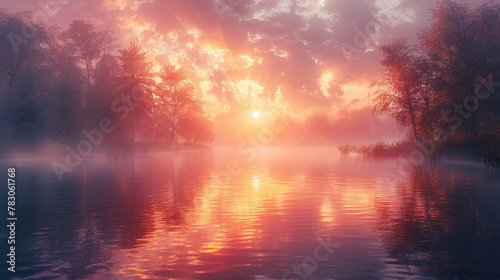 A serene lake enveloped in a veil of morning fog  creating an air of tranquility and mystery