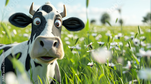 A cartoon cow is standing in a field of flowers. The cow has a big smile on its face and is looking at the camera. The scene is bright and cheerful  with the cow. Cow looking surprised