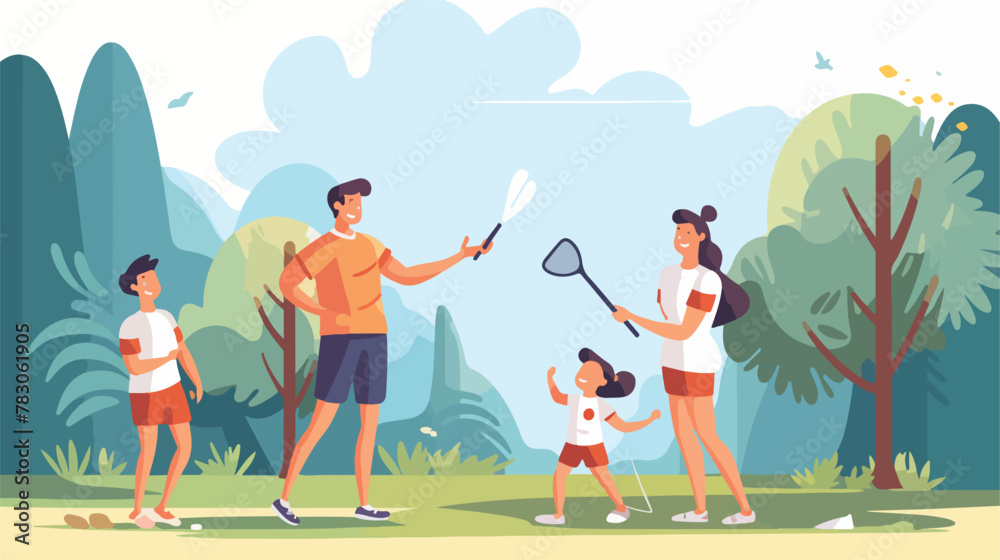 Family playing badminton and having picnic vector i