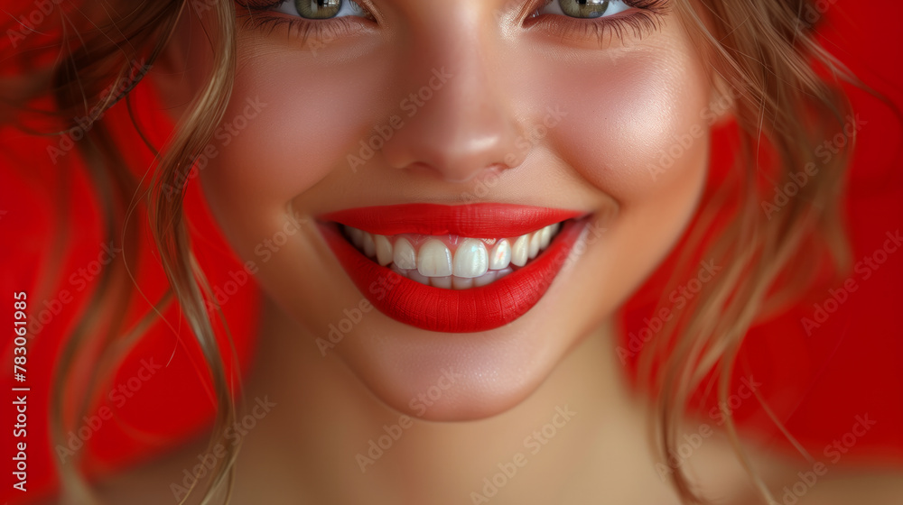 A woman with a red lip and white teeth. She is smiling. Concept of happiness and confidence Close-up portrait of a beautiful young woman with perfect white teeth and red lips A woman with a red lip and white teeth. She is smiling. Concept of happiness and confidence Close-up portrait of a beautiful young woman with perfect white teeth and red lips