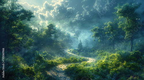 A winding forest path obscured by a blanket of morning fog  inviting exploration and discovery