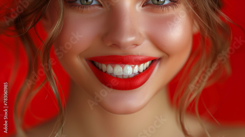A woman with a red lip and white teeth. She is smiling. Concept of happiness and confidence Close-up portrait of a beautiful young woman with perfect white teeth and red lips