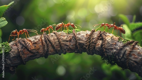 team work, ants constructing bridge AI generated photo