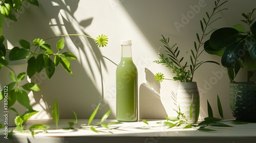 Minimalistic still life of green juice in a clear bottle surrounded by houseplants and sunlight