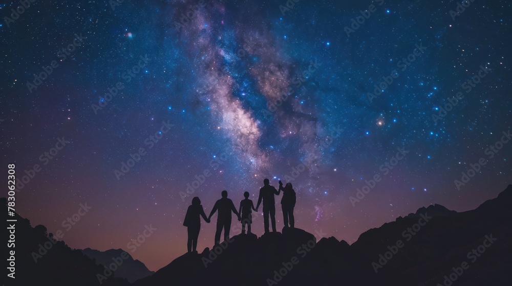 Silhouettes of the people standing together holding hands against the Milky Way