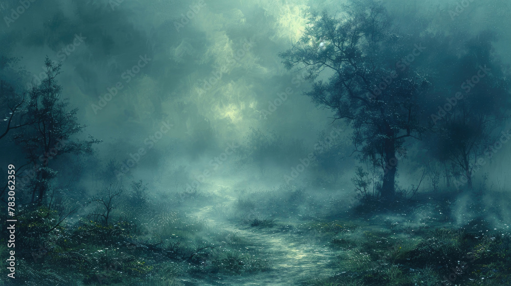 A winding forest path obscured by a blanket of morning fog, inviting exploration and discovery