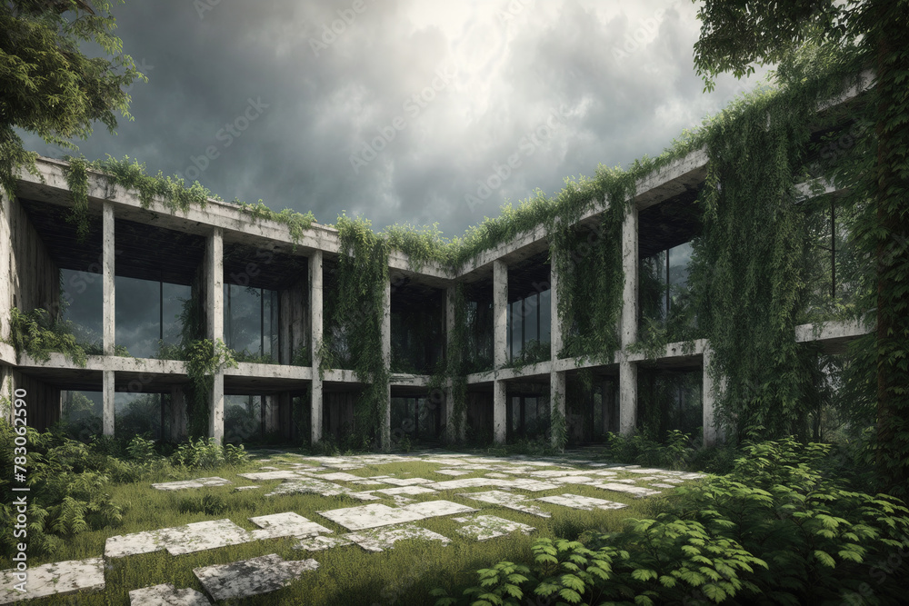 A large, abandoned building with overgrown plants growing out of the walls and windows.