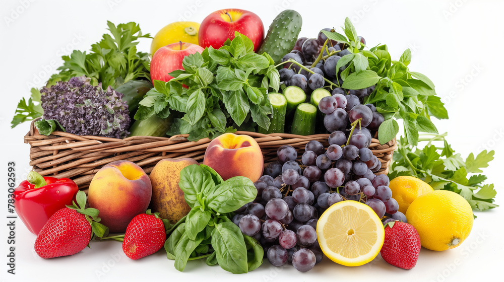 Freshly harvested produce assortment in a woven basket: verdant basil, crisp cucumbers, juicy strawberries, plump grapes, ripe peaches, lemons, and bell pepper on a white surface Freshly harvested produce assortment in a woven basket: verdant basil, crisp cucumbers, juicy strawberries, plump grapes, ripe peaches, lemons, and bell pepper on a white surface