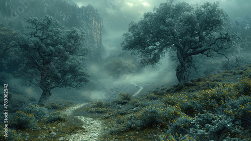 A winding forest path obscured by a blanket of morning fog, inviting exploration and discovery © Venka
