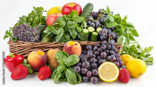 Freshly harvested produce assortment in a woven basket: verdant basil, crisp cucumbers, juicy strawberries, plump grapes, ripe peaches, lemons, and bell pepper on a white surface