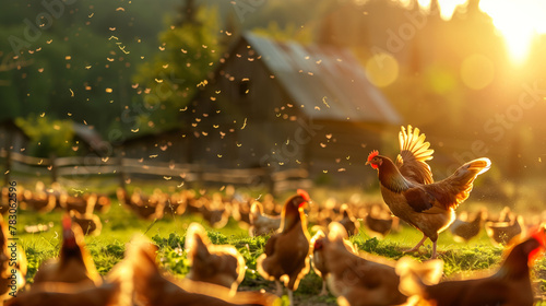 A flock of chickens are running around in a field. One of the chickens is flying. Chickens freely forage in the field. The photo presents a bright rural scenery under the sunlight