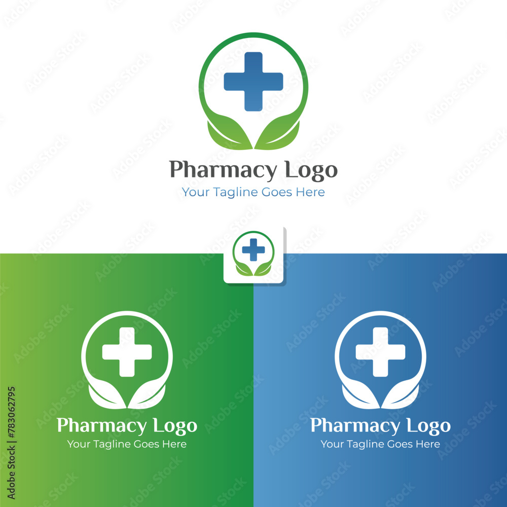 Green pharmacy logo with gradient green natural leaf shape Green pharmacy logo with gradient green natural leaf shape
