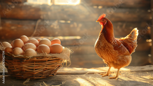 A chicken stands in front of a basket of eggs. Chicken standing in front of eggs on an old wood floor in the style of golden light, some eggs is in a basket in farm cabincore, farm administration