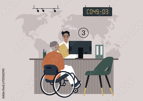 Senior Client at Bank Reception With Assistant, Elderly citizen in a wheelchair being assisted by an employee