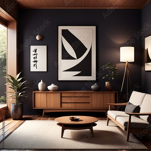 Japanese interior design of modern living room, home. Mid-century sofa near wooden cabinet against dark wall with poster, frame.