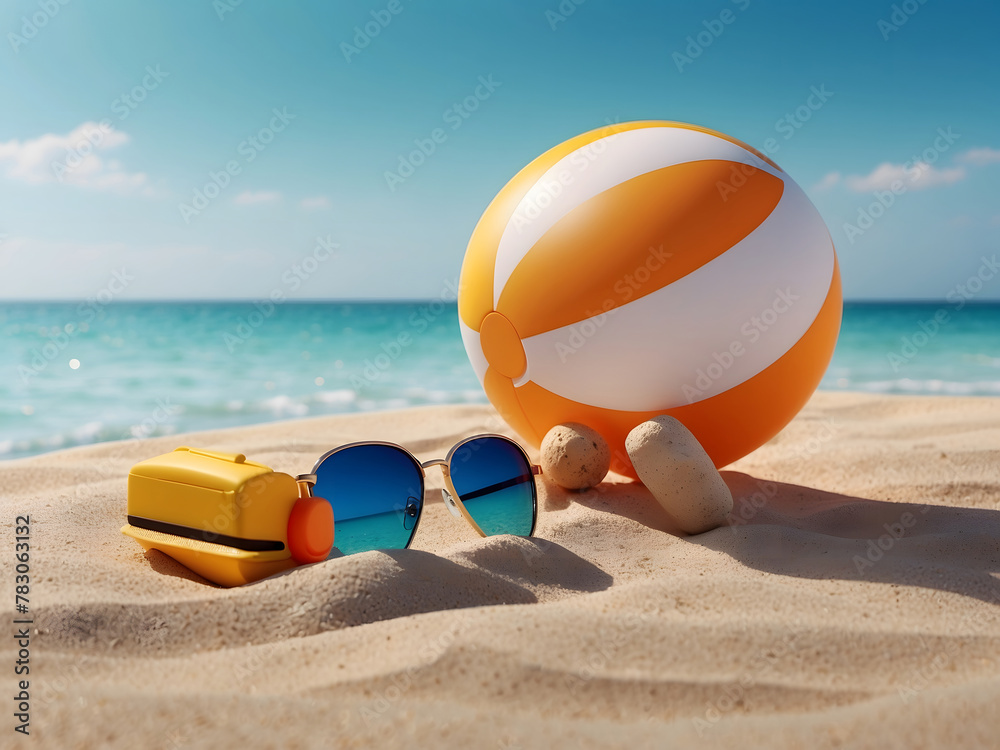 Obraz premium Hello, summer vector background design. Hello, summer text with a beach ball, camera, and sunglasses elements in a minimalist space for flat-lay photography design. Vector illustration