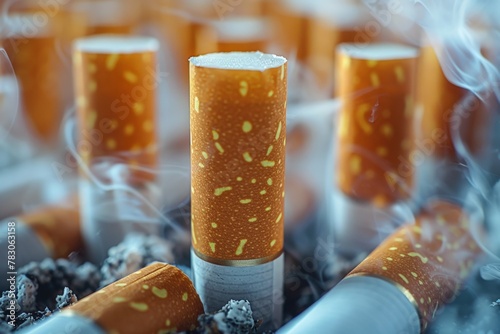 A macro shot capturing the texture and detail of lit cigarettes congregated in an ashtray filled with ashes and smoke