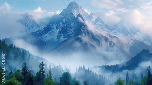 Majestic mountain peaks shrouded in a veil of morning fog, creating a sense of awe and grandeur © Veniamin Kraskov