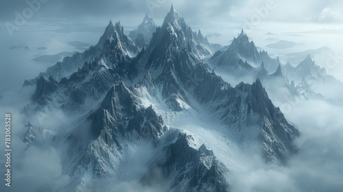 Majestic mountain peaks shrouded in a veil of morning fog  creating a sense of awe and grandeur