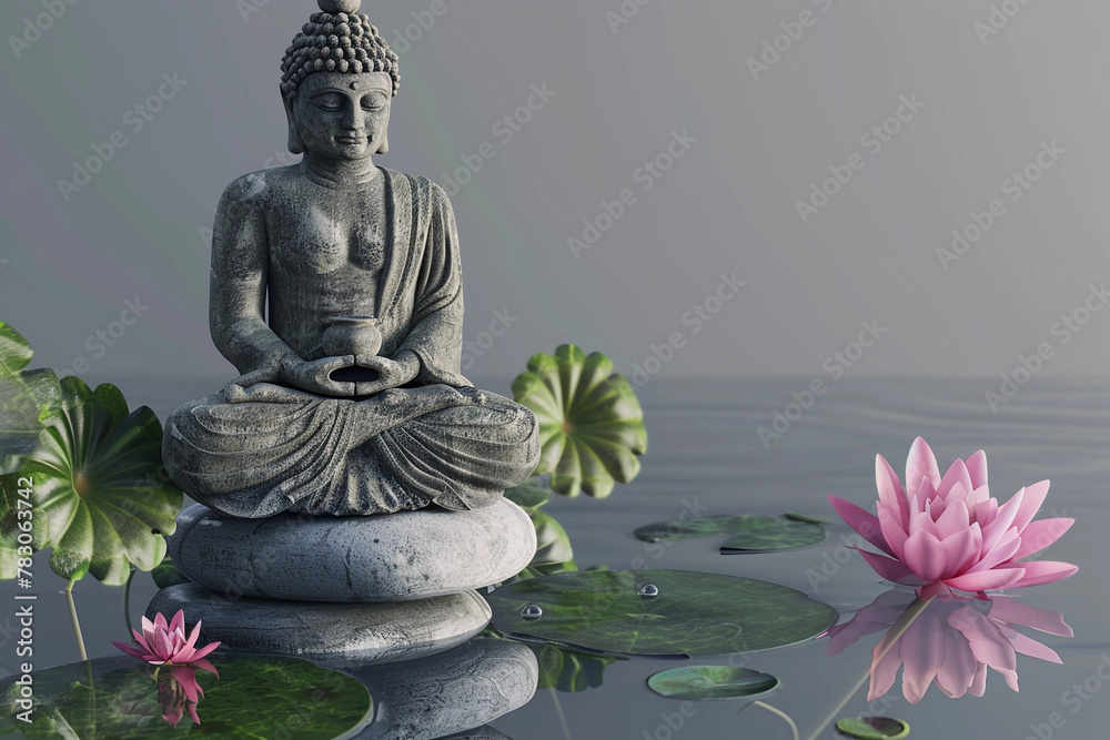 Petite statue de bouddha assis avec de l'eau autour