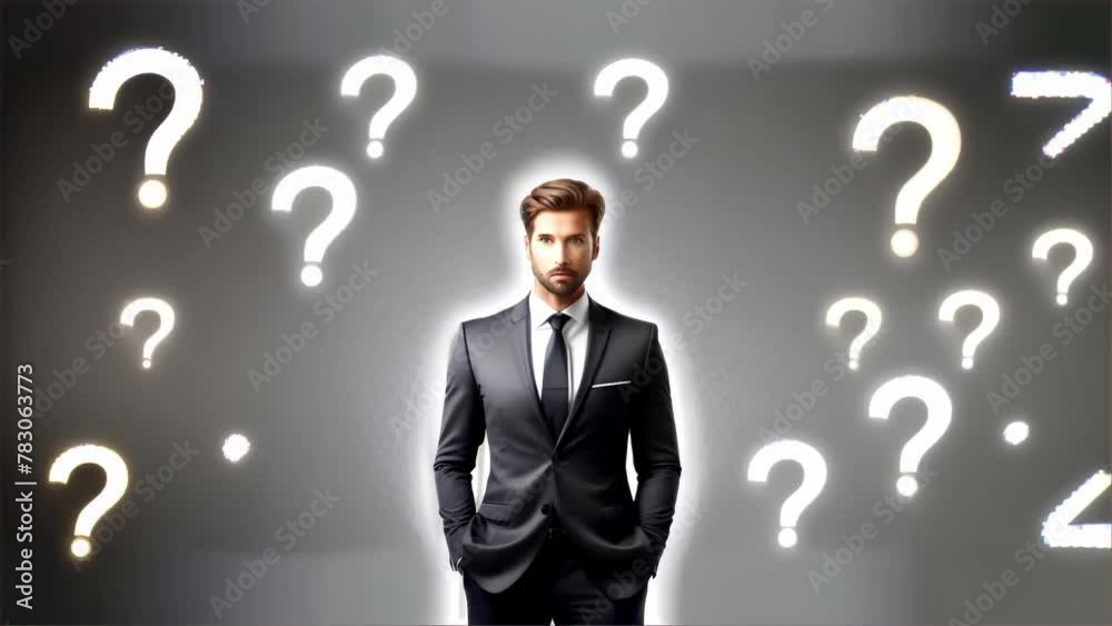 A well-dressed man stands amid glowing question marks, representing inquiry and decision-making.. AI Generation A well-dressed man stands amid glowing question marks, representing inquiry and decision-making.. AI Generation