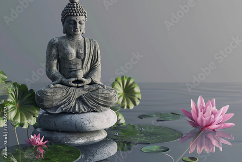 Petite statue de bouddha assis avec de l'eau autour photo