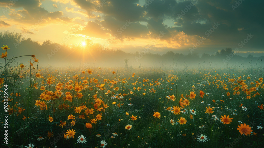 Fototapeta premium A tranquil meadow bathed in the soft glow of dawn, with wildflowers peeking through the morning fog