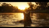 Dog bathing in river at australian outback, pet enjoying nature in sunset by lake